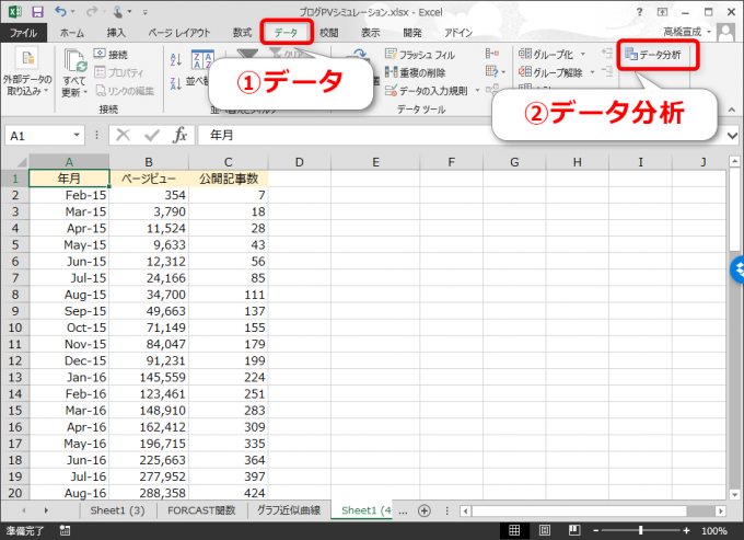 エクセルのリボンからデータ分析を選択