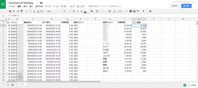 スプレッドシートでコストを時給で算出