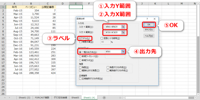 エクセルの回帰分析ウィンドウ