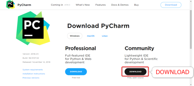 PyCharmのダウンロード