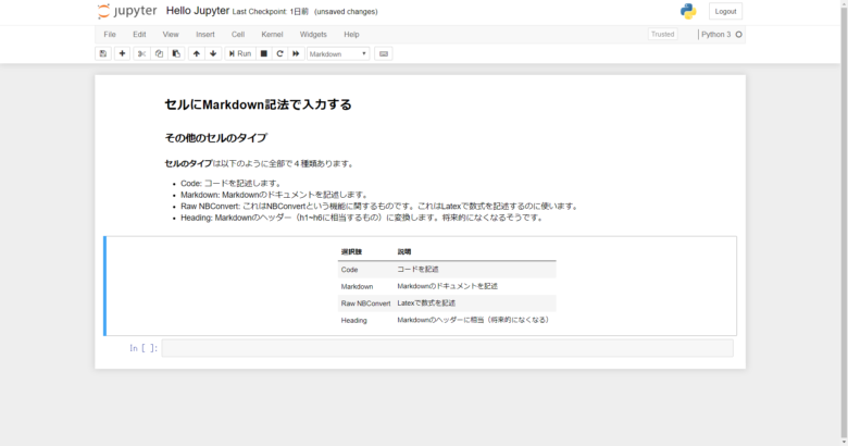 Python初心者向けjupyter Notebookでセルにmarkdown記法で入力する方法