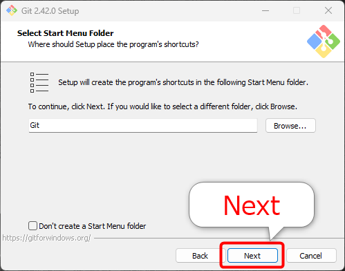 Gitインストール: Select Start Menu Folder